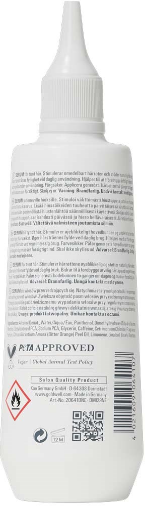 Baksidan av en vit flaska med spetsigt lock, innehållande varningssymboler, text och en QR-kod.