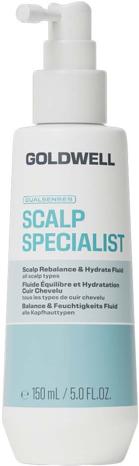 Eine weiße Flasche mit Pumpe, beschriftet Goldwell Scalp Specialist für Kopfhautpflege und Hydratation, 150 ml.