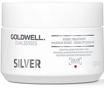 En vit burk märkt Goldwell Silver, 200 ml, för att neutralisera grått hår, med svart och röd text.