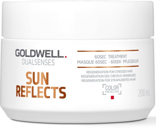 Ett vitt lock med märkningen Goldwell Dualsenses Sun Reflects för stressat hår, 200ml, med bruna och svarta text och linjer.