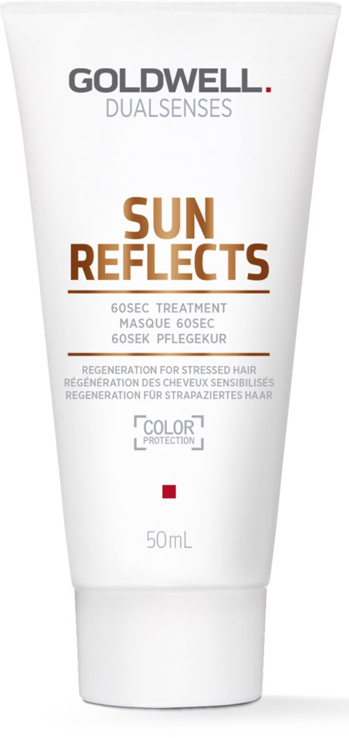 En vit tub med svart, gyllene och grå text, märkt 'Goldwell Dualsenses Sun Reflects' för hårvård.