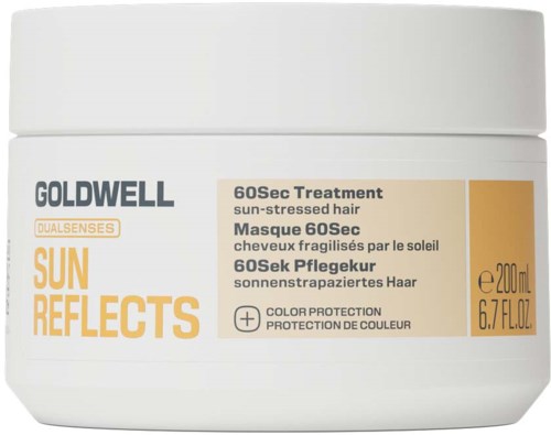 Weiße Dose von Goldwell Sun Reflects Dualesenses 60Sec Behandlung für sonnenbeanspruchtes Haar mit orangefarbenem und beigem Etikett.