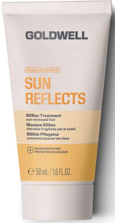 Goldwell Sun Reflects Haarkur Tube mit orange-weißer Verpackung und Produktdetails in schwarzer Schrift.