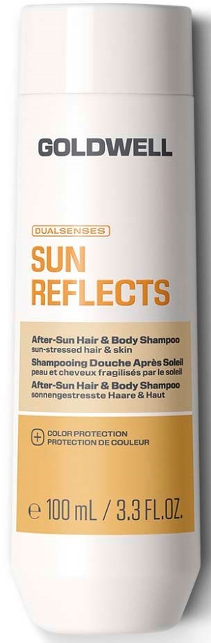 Goldwell Sun Reflects After-Sun Shampoo für Haare und Körper mit weißer und oranger Beschriftung.