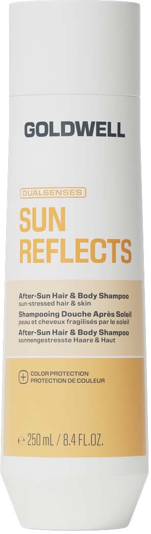 Goldwell Sun Reflections After-Sun Haar- und Körpershampoo mit Sonnenschutz in einem weißen Flasche.