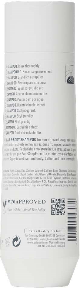 Weiße Flasche mit SULFATE SHAMPOO, schwarzer Text mit Inhaltsstoffen und Anweisungen.