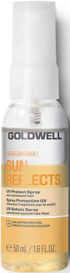 Eine weiße Sprühflasche mit Goldwell Sun Reflections UV Protect Spray, orange Akzente, 50 ml.
