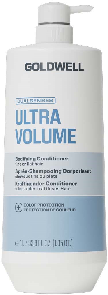En vit flaska med Goldwell Ultra Volume balsam med pump, märkning för dual senses och färgskydd.