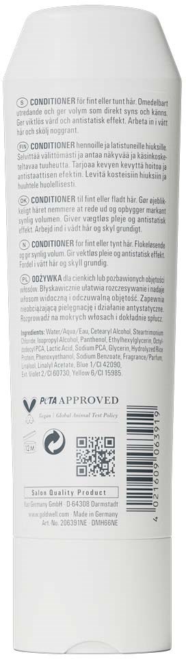 Baksidan av en vit balsamflaska med produktinformation, ingredienser, streckkod och olika symboler.