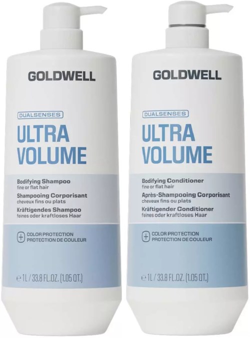 Två vita flaskor av Goldwell Ultra Volume bodifierande schampo och balsam med blå etiketter, står bredvid varandra.