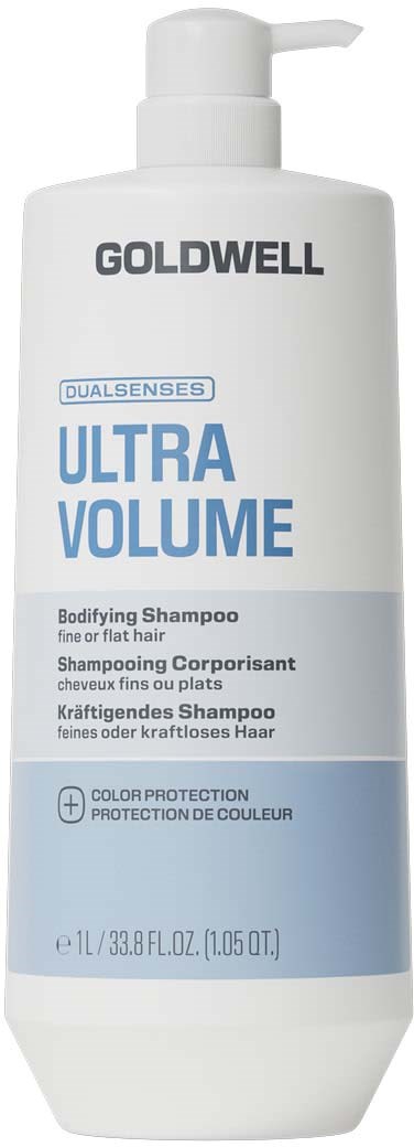 En vit schampopumpflaska märkt Goldwell Ultra Volume Bodifying Shampoo för fint eller platt hår.