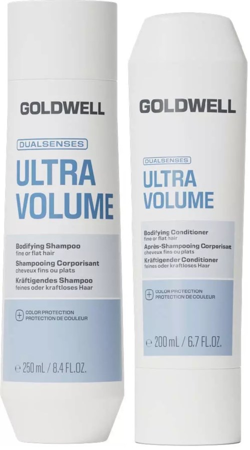 Två vita flaskor med Goldwell Ultra Volume hårvårdsprodukter, ett schampo och ett balsam, med blå och svart text.