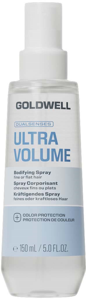 Goldwell Ultra Volume Bodifying Spray Flasche mit weißem Verschluss und Etikett, fördert Farbschutz und Volumen für Haare.