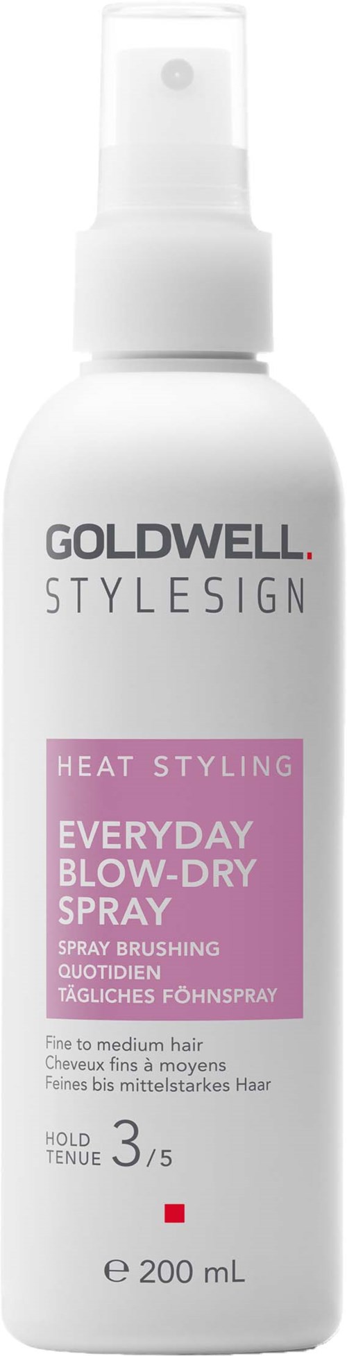 En hvit sprayflaske med svart og rosa tekst, merket som Goldwell Stylesign varmebeskyttende spray for føntørking.