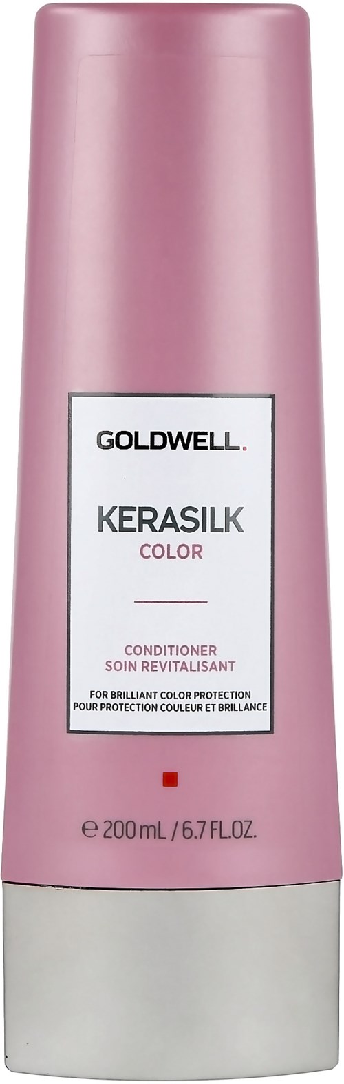 Rosa flaske med Goldwell Kerasilk Color balsam for hårbeskyttelse.