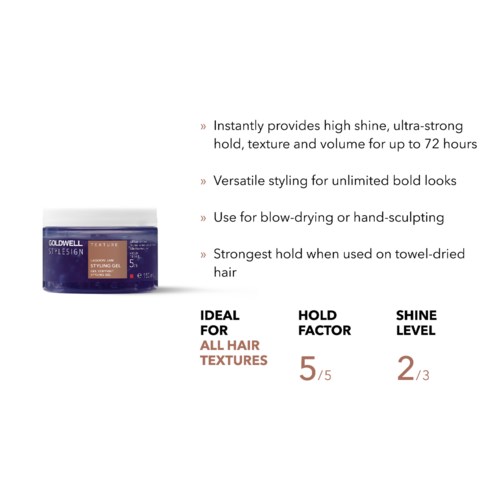 Ein Haarstylingprodukt sorgt für Glanz, starken Halt und Volumen, geeignet für Föhnen oder Handmodellierung, ideal für alle Haartypen.