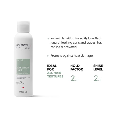 A white bottle of Goldwell styling product for curly hair, with text about its benefits and usage.