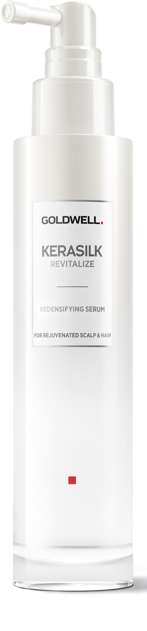 A white bottle with a pump, labeled 'Goldwell Kerasilk Revitalize,' for scalp and hair care.