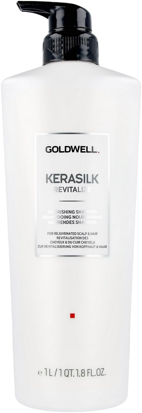 Eine weiße Flasche mit schwarzem Pumpkopf, beschriftet Goldwell Keraslik Revital Shampoo, enthält 18,8 Unzen, für Haarpflege.