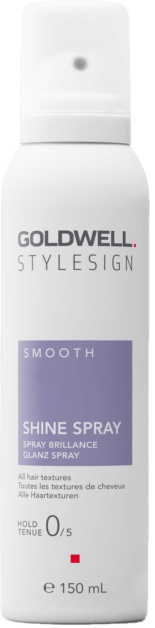 En hvit sprayflaske merket 'Goldwell Stylesign Shine Spray' for hår, 150 ml.
