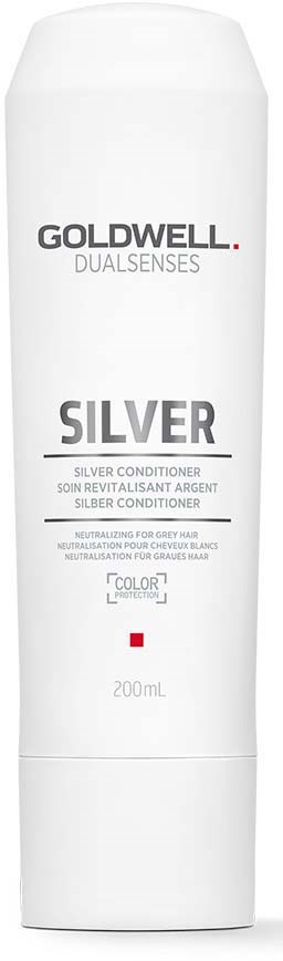 En vit flaska märkt Goldwell Dualsenses Silver Conditioner för grått hår, 200 ml. Enkel, ren design.