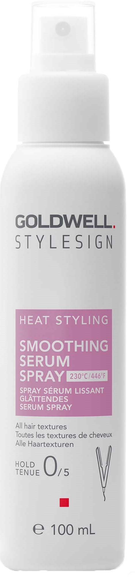 En vit sprayflaska märkt Goldwell StyleSign Smoothing Serum Spray för värmestylning, 100 mL, med rosa och svart text.