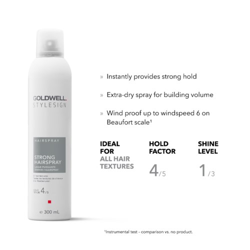 Hairspray fles met productdetails, claims over hold, volume, windbestendigheid en geschikt voor alle haartypes.