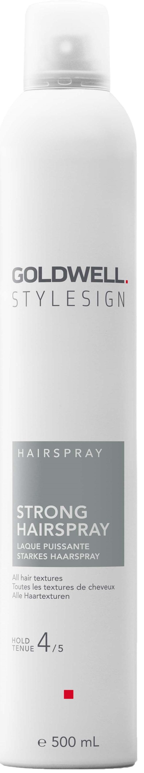 En lang hvid spraydåse med Goldwell hårspray med stærk hold, 500 ml.