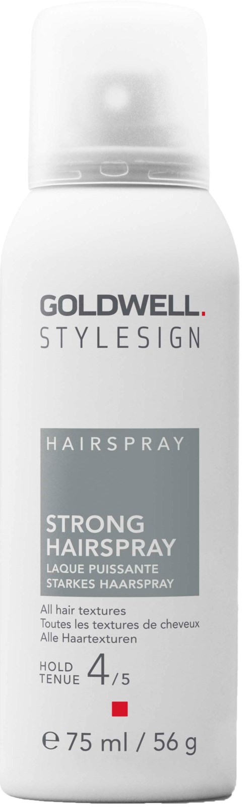 Een witte flacon met spraydop, gelabeld 'Goldwell Stylesign Strong Hairspray', bevat 75 ml haarspray.