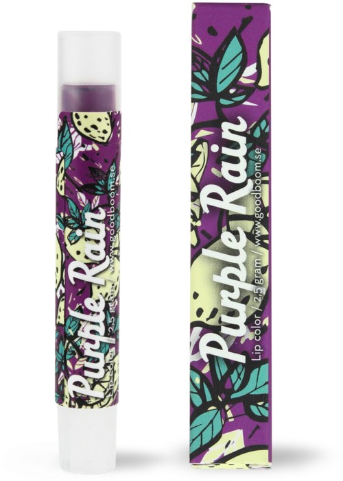 Ett litet lippstift med lila färg och färgglad blad- och fjärilsbild på omslaget och förpackningen.