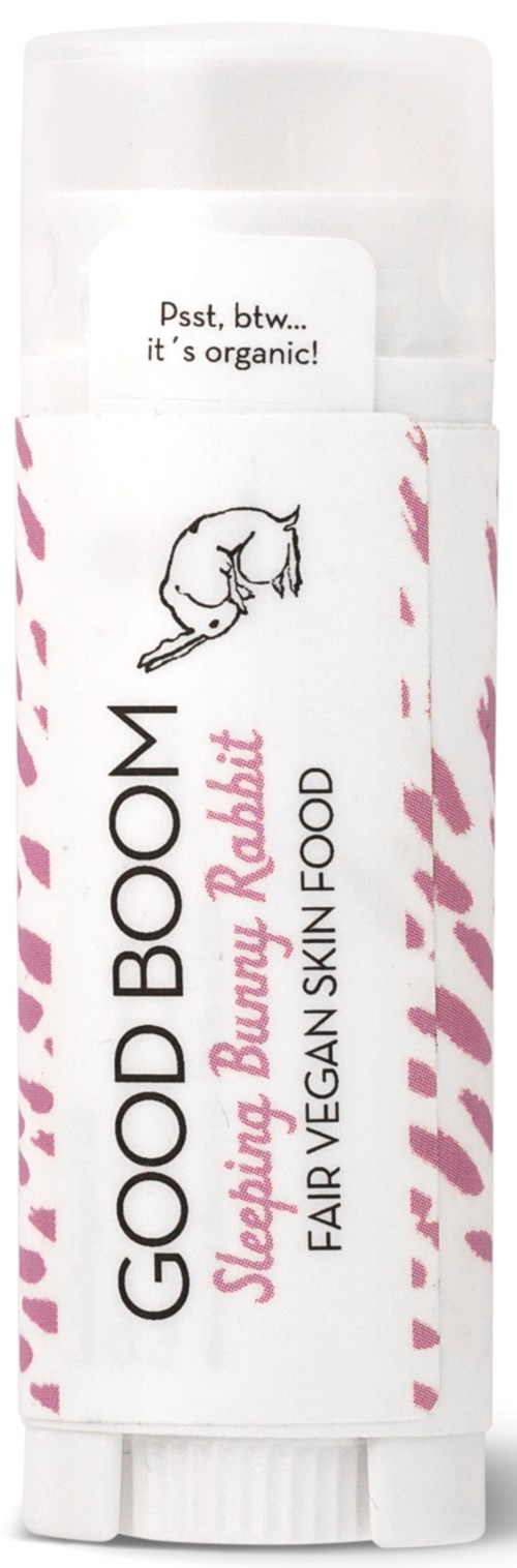 Vegan hudsalve med rosa og hvit emballasje, med en liten elefantillustrasjon, merket som økologisk og miljøvennlig.