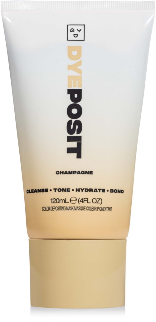 Een tube van PostPosit Champagne-kleurige gezichtsmasker met tekst over reinigen, toner, hydrateren en binden. 120ml.
