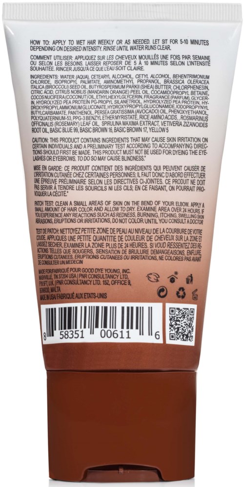En tube med detaljerte instruksjoner og ingredienser listet opp, mest i liten skrift, med strekkode og QR-kode.