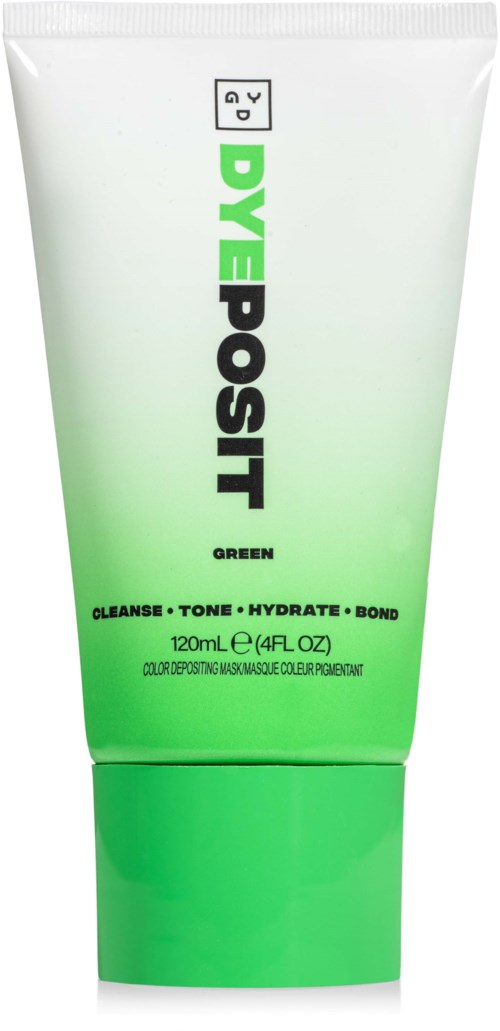 Groene en witte tube met 'Live Posit' voor huidverzorging, met woorden: reinigen, tonic, hydrateren, binden, 120ml.