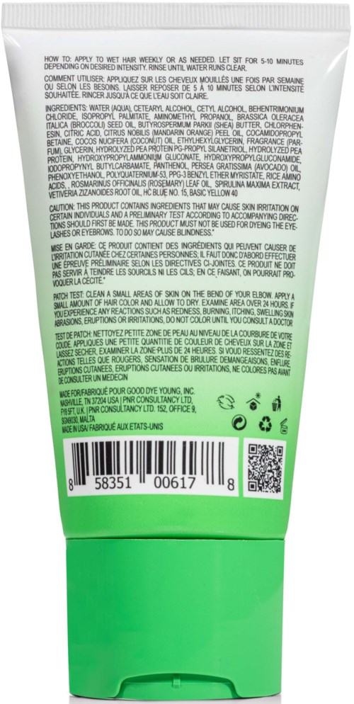 Een groene en witte tube met tekst, barcode en recycling symbolen op de achterkant. Waarschijnlijk een cosmetisch of huidverzorgingsproduct.
