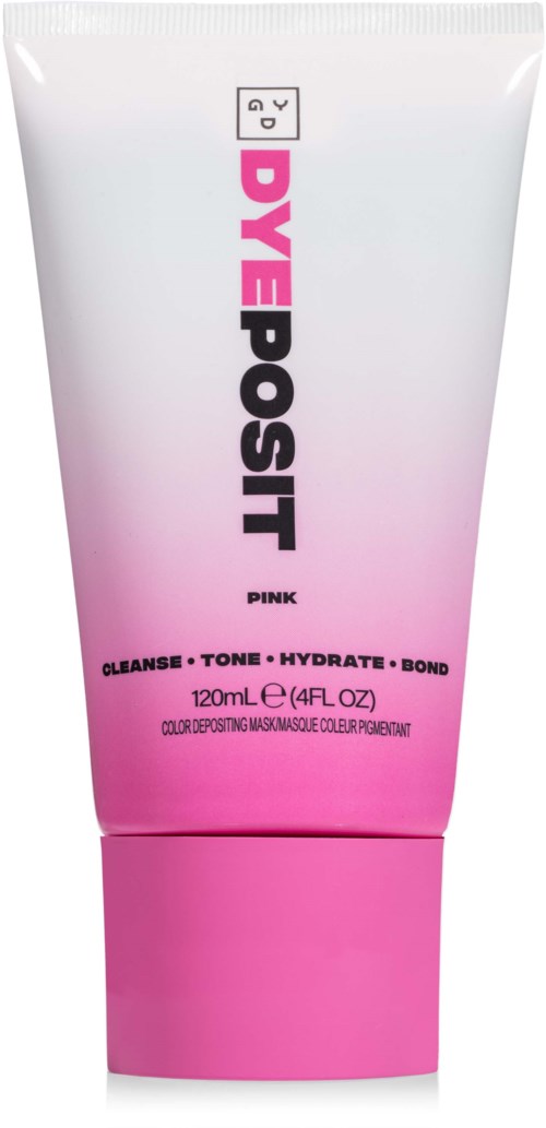 Roze en wit tube met mondspoeling, met woorden over reinigen, tonifiëren, hydrateren en binden.