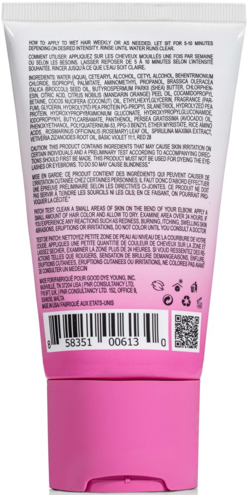 Een roze en witte tube met gedetailleerde tekst over ingrediënten en instructies op de achterkant.