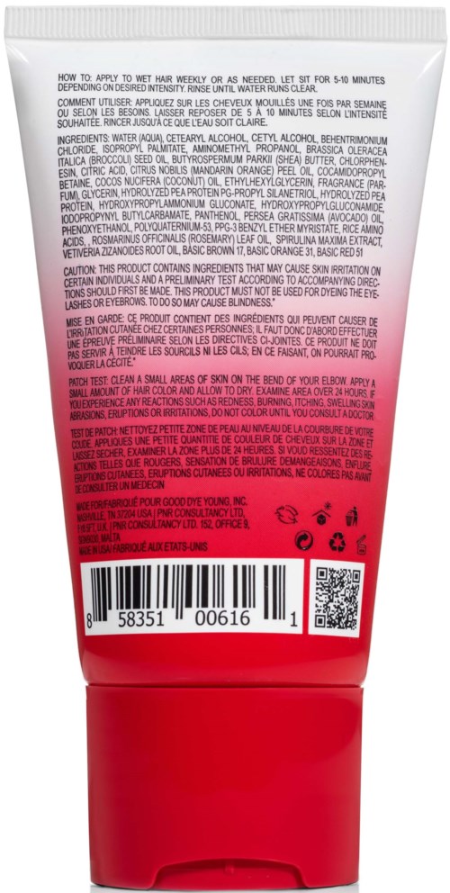 A red and white squeeze tube with text and a barcode, likely a cosmetic or skincare product.