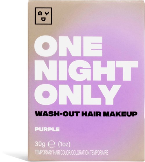 Box with bold white text saying 'ONE NIGHT ONLY' and smaller black text about hair makeup, purple color theme.