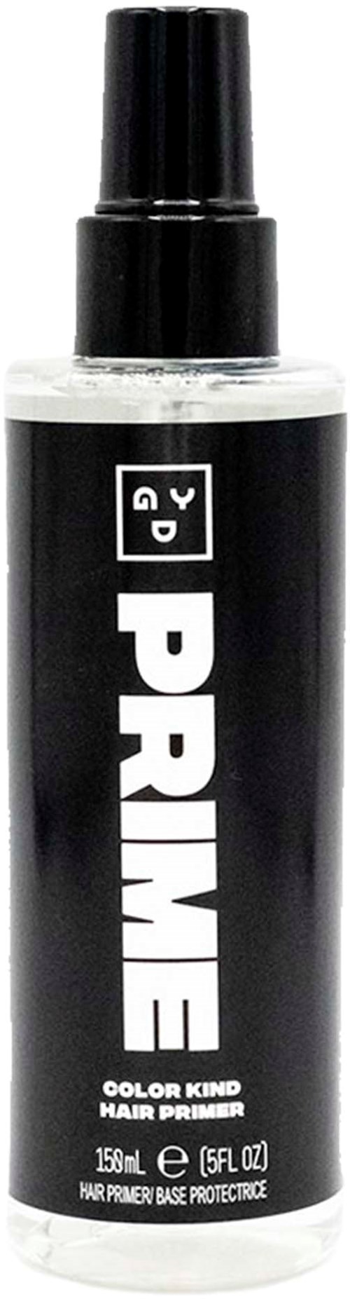 A black and white bottle labeled 'Prime' as a hair primer spray, 150ml, with a spray nozzle.