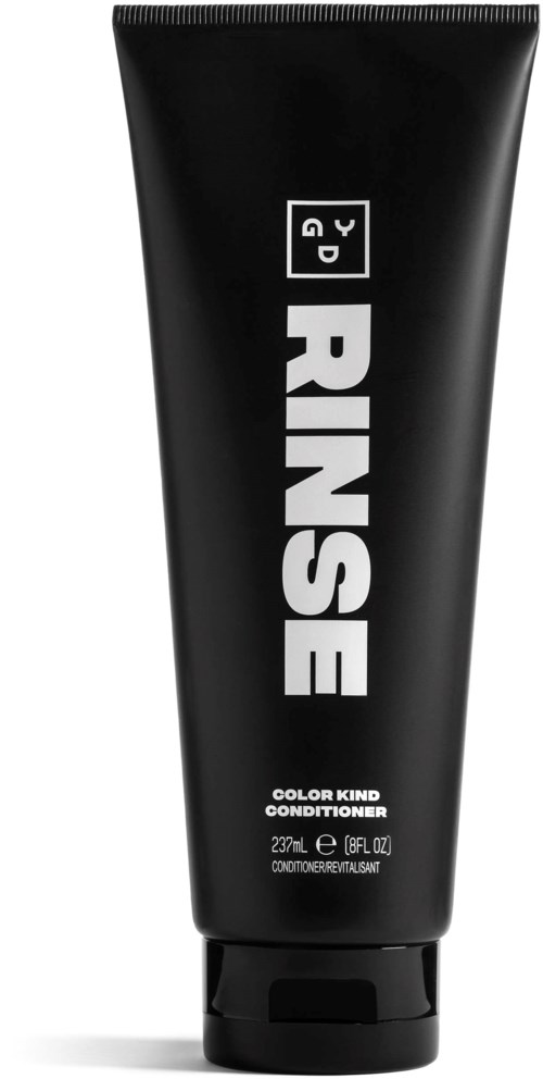 A black bottle of Rinse conditioner with white and gray text, standing upright.