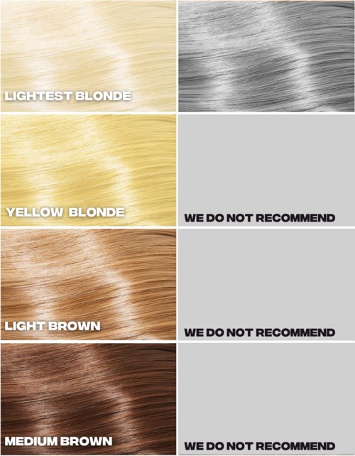 Four hair color samples with labels: lightest blonde, yellow blonde, light brown, medium brown; some show recommended not to use.