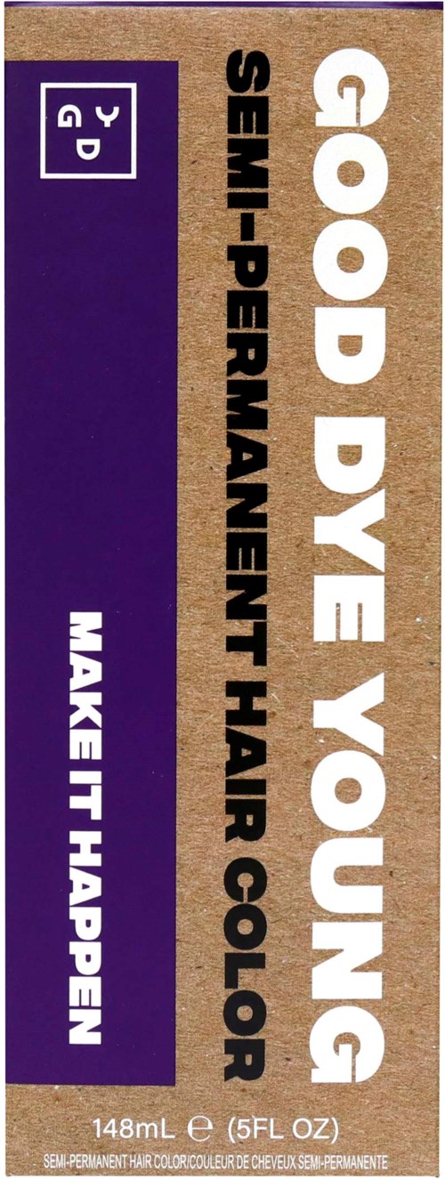 En etikett for Good Dye Young semi-permanent hårfarge, med lilla og beige design, og slagordet "Make It Happen".