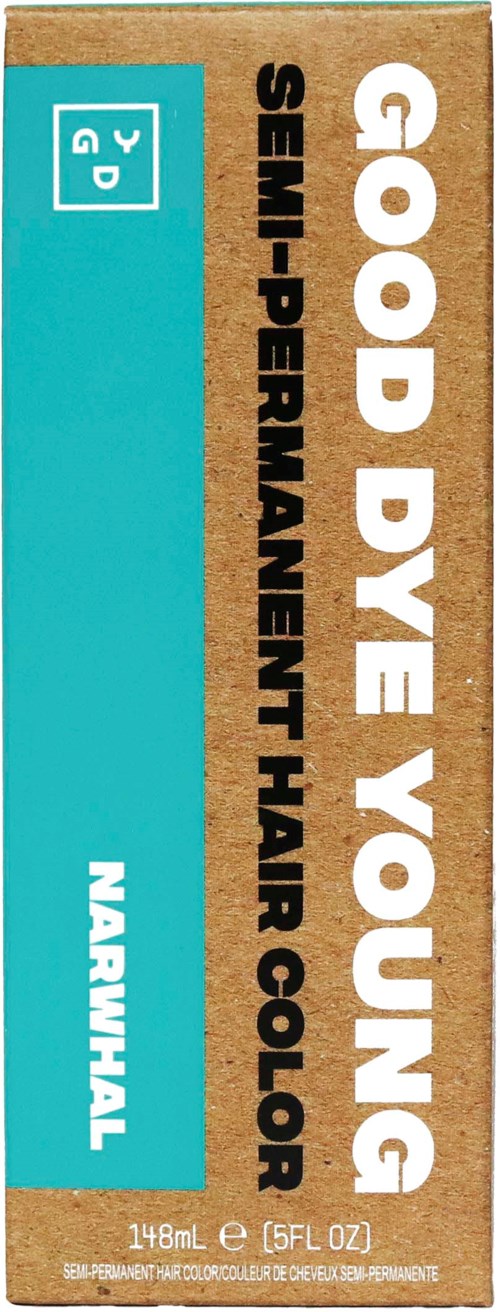 A box labeled 'Good Dye Young' with a blue and brown color scheme. It mentions semi-permanent hair color called 'Narnymal'.