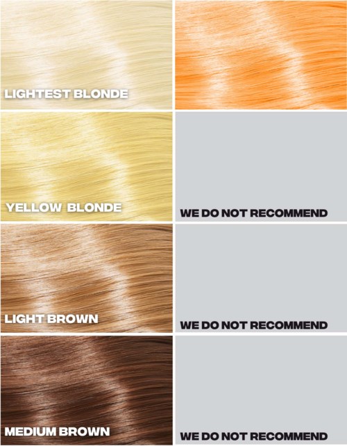 Six hair color samples from lightest blonde to medium brown, with warnings not to recommend some shades.