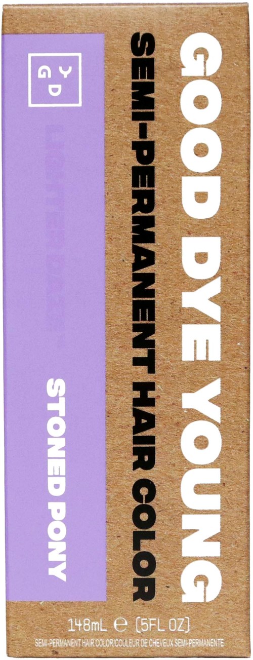 A hair dye box in brown and purple, labeled as semi-permanent, for blonde hair, holds 148ml of product.