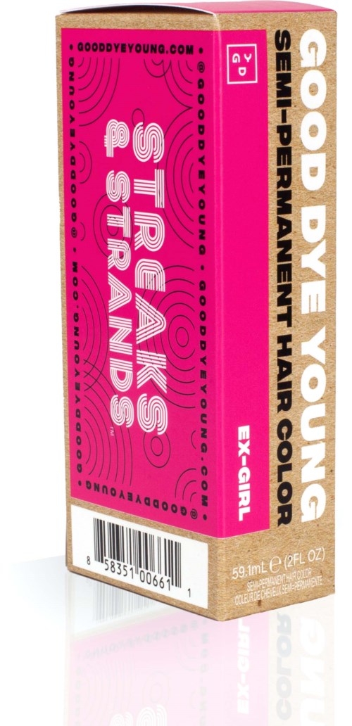 A box of semi-permanent hair color with vibrant pink design and text stating "Good DYE YOUNG" and "Strass Hair."