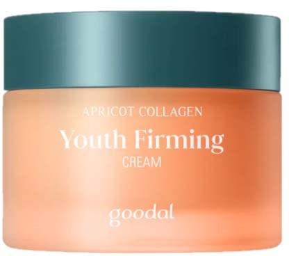 A jar labeled 'Apricot Collagen Youth Firming Cream' with a green lid, on a plain background.