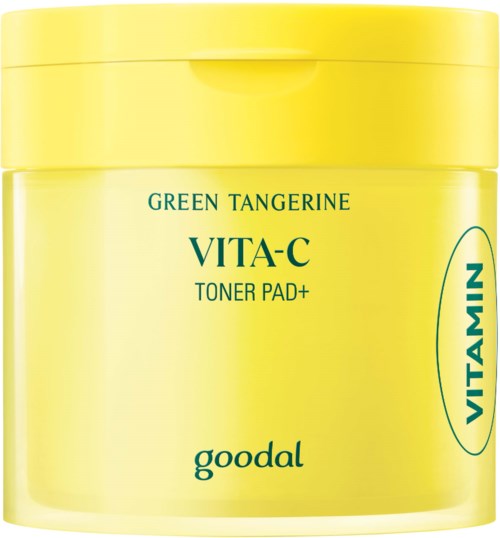 Yellow container with green and blue text, labeled 'VITA-C Toner Pad+' and 'goodal,' and a 'VITAMIN' logo.