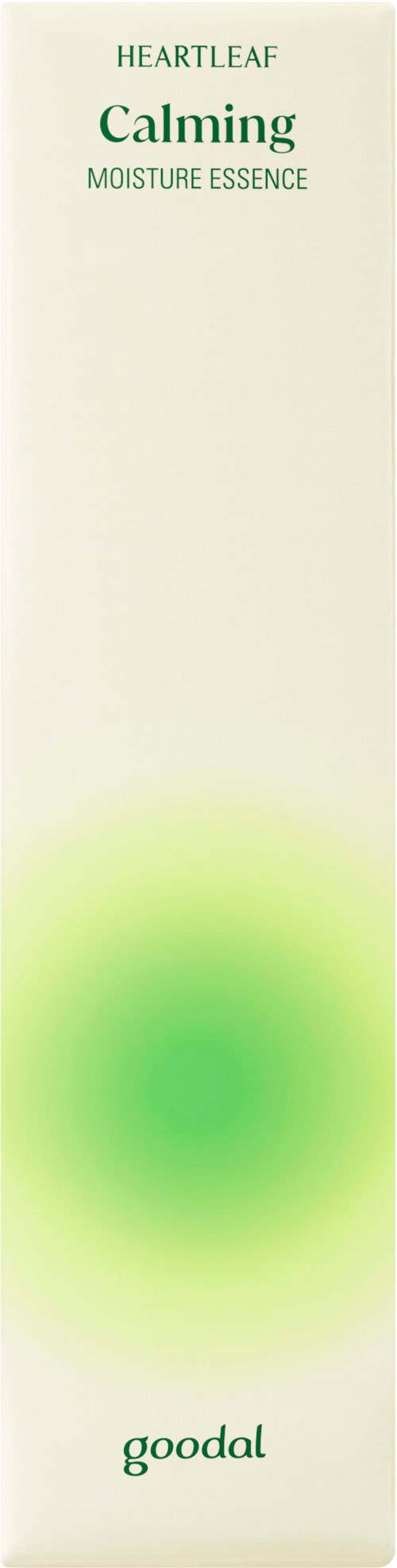 A tall box labeled 'Calming Moisture Essence' from Heartleaf by Goodal, with a green gradient at the bottom.
